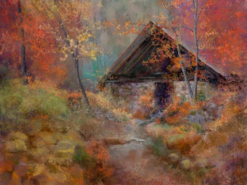 Mountain Homestead, autumn red gold stone house