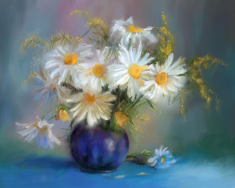 White Dasies in Blue Vase